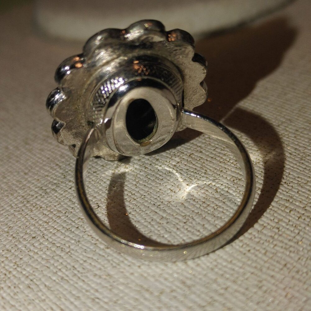 Whiting Davis Vintage Signed Silvertone Ring Size 8 Hematite Stone Oval Design - Picture 4 of 10